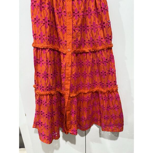 J Crew Sundress Sz 6 Tiered Eyelet Button Front   Orange Purple Spaghetti Straps - Picture 5 of 16